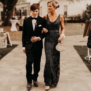 Sequined navy blue with elaborate beading, gown with V-Neck